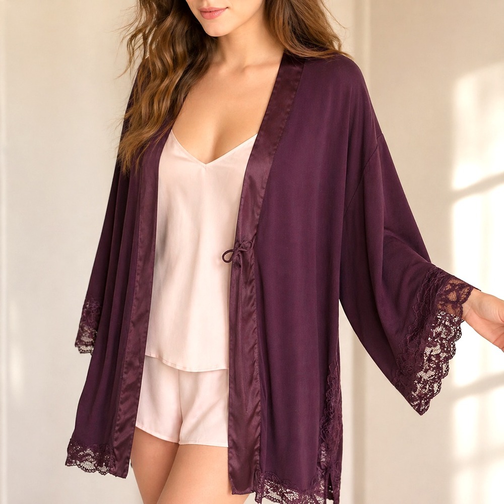 Victoria's Secret Burgundy Kimono Dressing Gown Lace Trim Size XS